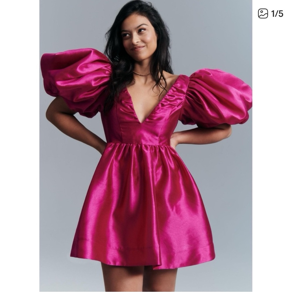 Aureta Vibrant Pink Puff Sleeve Mini Dress